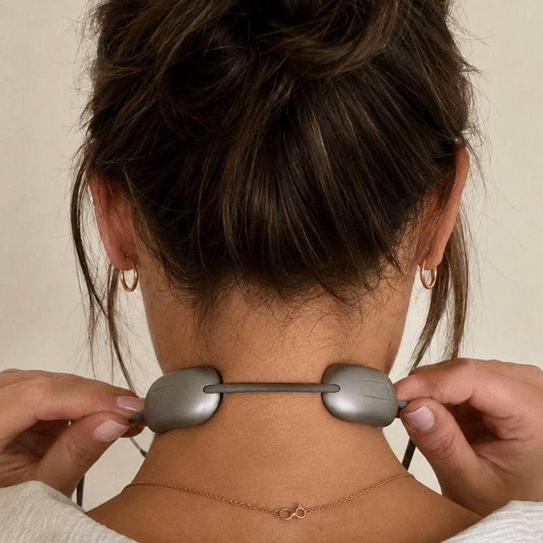 A woman fitting the neck massager at the back of her neck