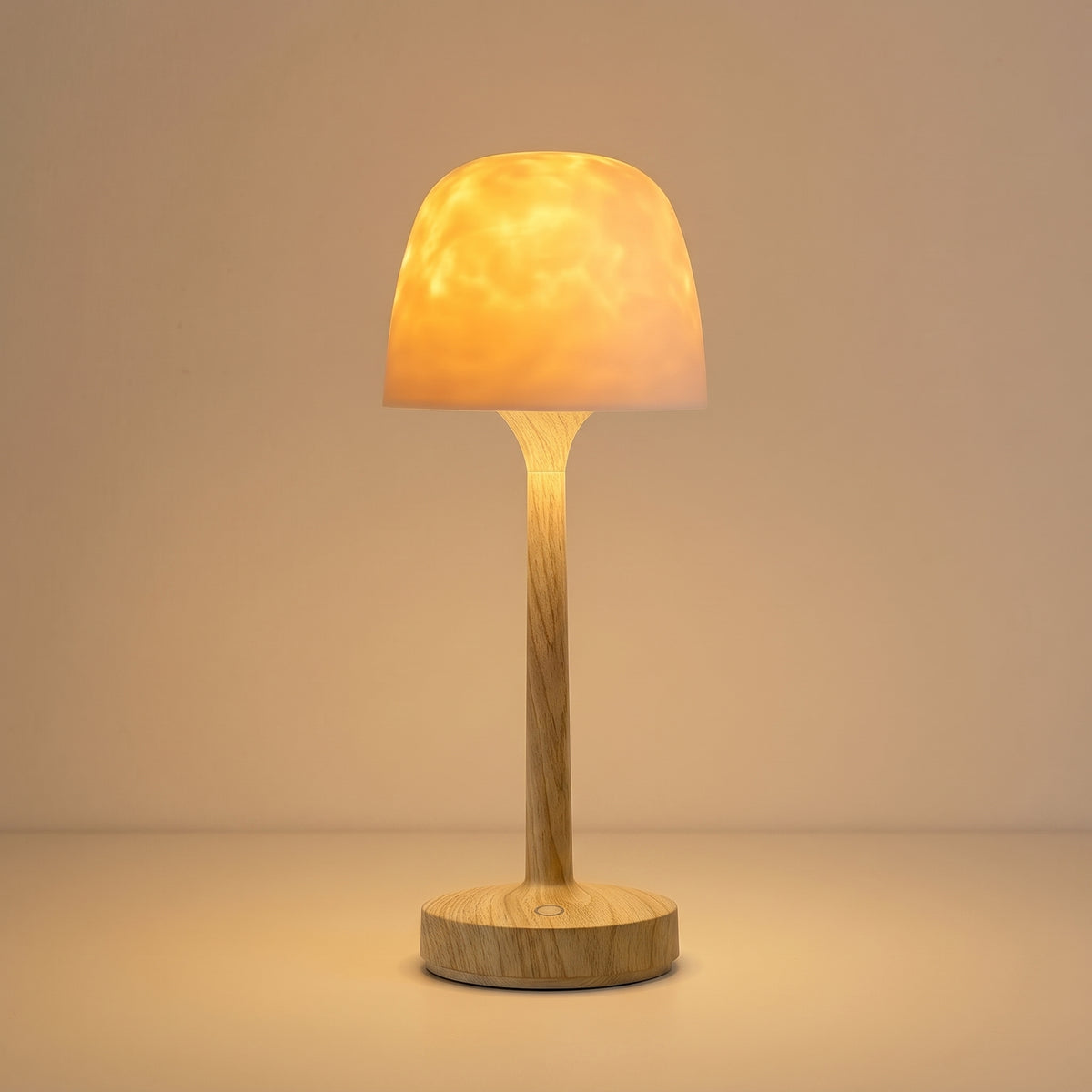 Tidelight shower lamp in natural wood-effect finish, lit, with the frosted dome cover on