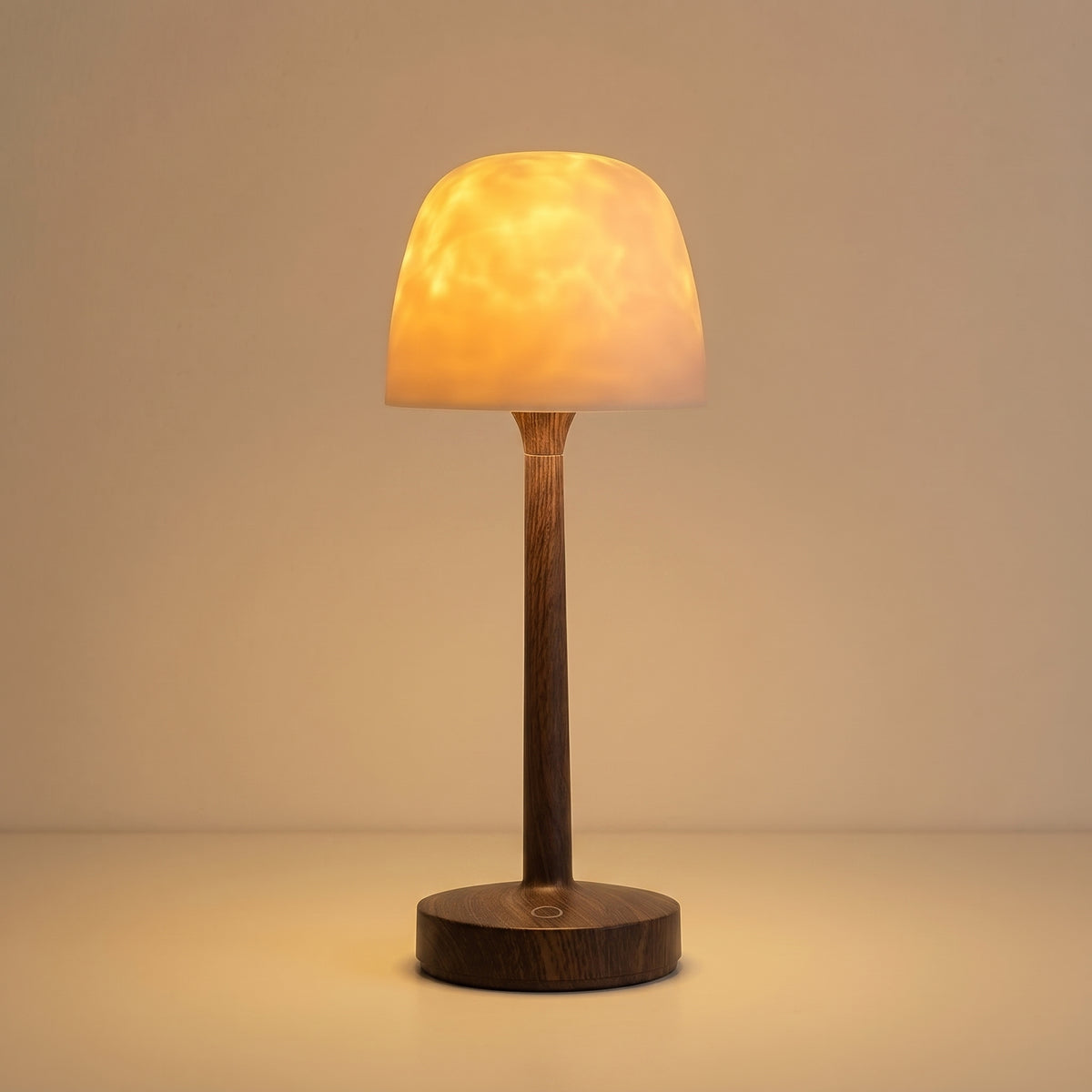 Tidelight shower lamp in walnut wood-effect finish, lit, with the frosted dome cover on