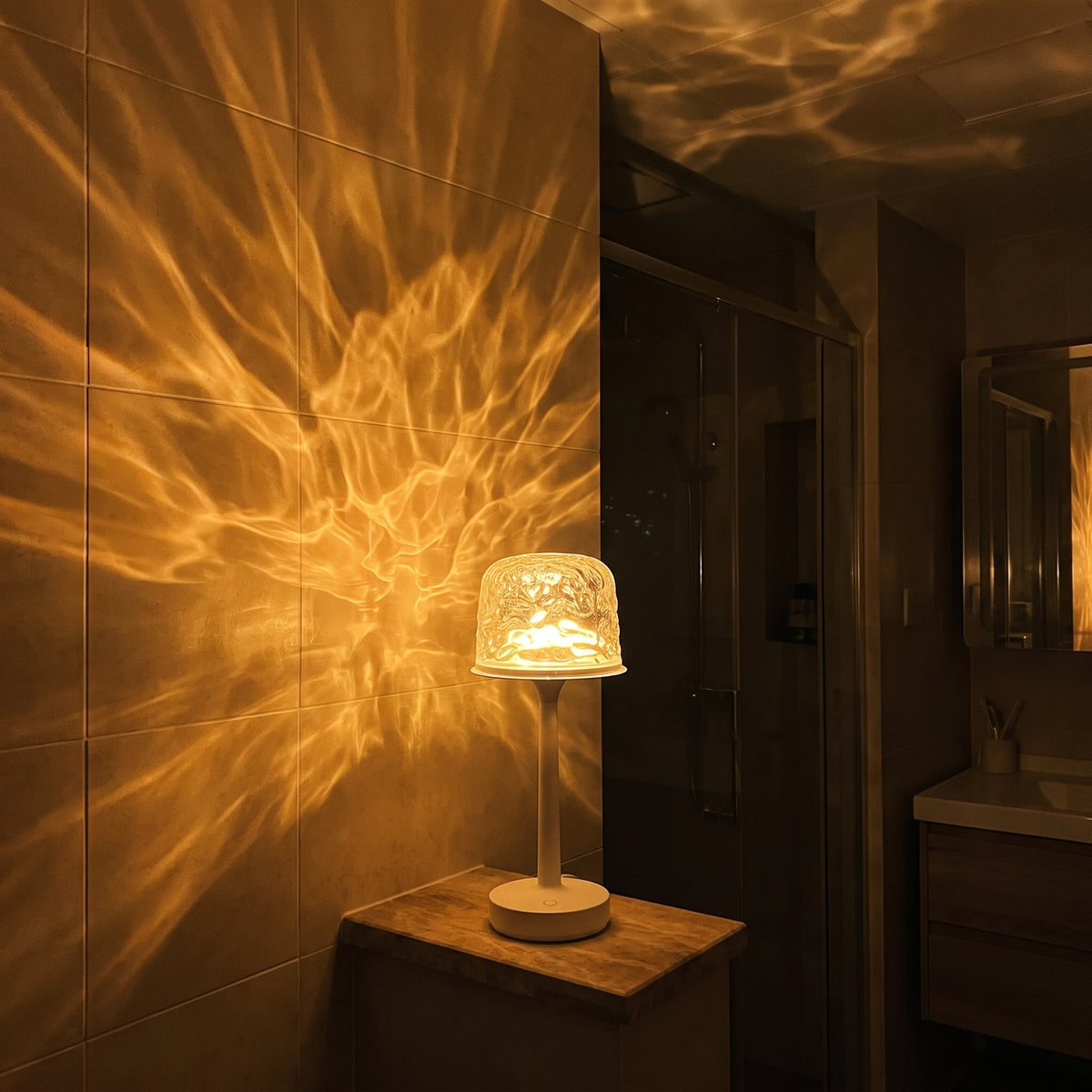 Dark bathroom at night, Tidelight casting warm light waves across the tiles and ceiling
