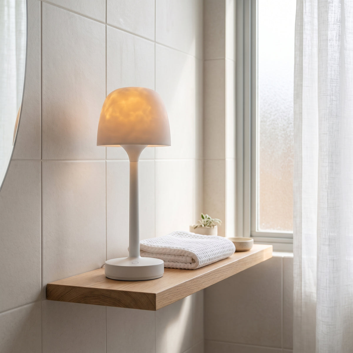 White Tidelight on a bathroom shelf by the window in daylight, next to a folded towel